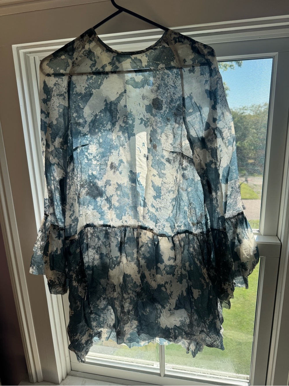 H&M Blue and Cream Abstract Sheer Ruffle-Hem Mini Dress